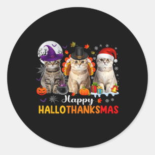 Happy Hallothanksmas Cats Halloween Thanksgiving C Classic Round Sticker