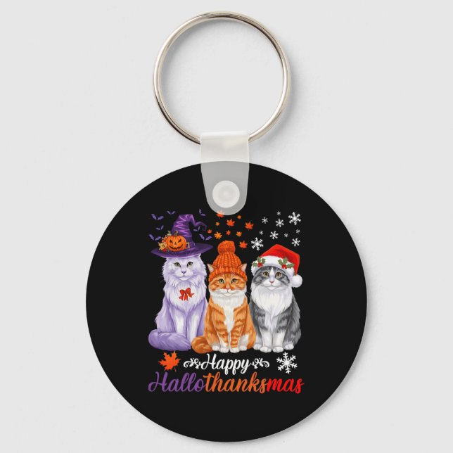 Happy Hallothanksmas Cats Halloween Thanksgiving C Key Ring (Front)