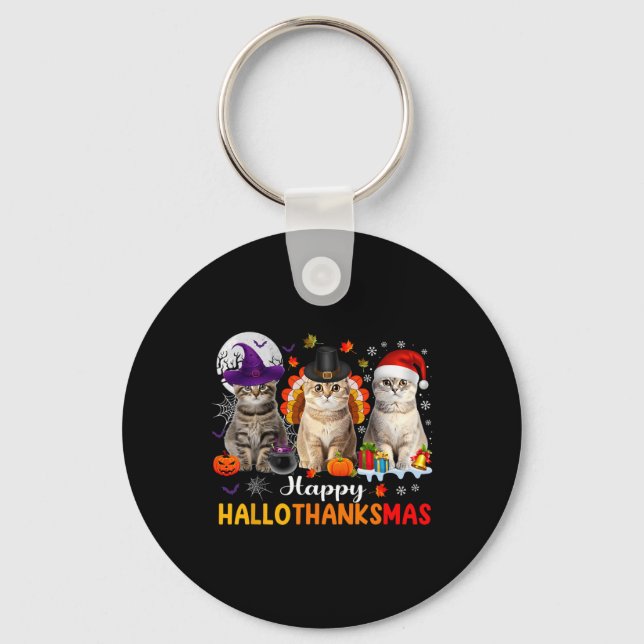 Happy Hallothanksmas Cats Halloween Thanksgiving C Key Ring (Front)
