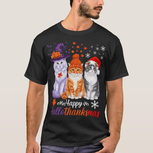 Happy Hallothanksmas Cats Halloween Thanksgiving C T-Shirt (Front)