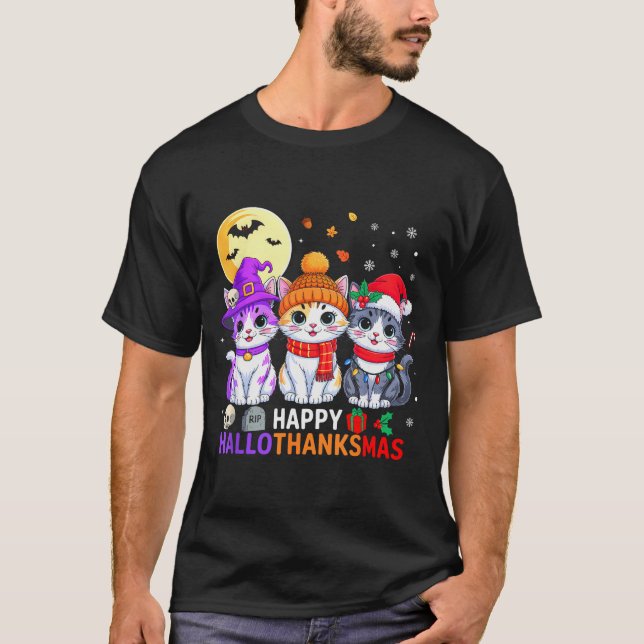 Happy Hallothanksmas Cats Halloween Thanksgiving C T-Shirt (Front)