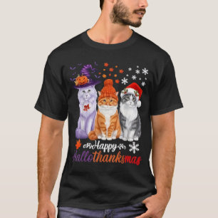 Happy HalloThanksMas Cats Halloween Thanksgiving C T-Shirt