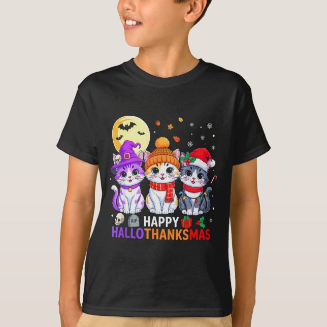 Happy Hallothanksmas Cats Halloween Thanksgiving C T-Shirt (Front)