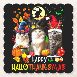 Happy HalloThanksMas Cats Paper Coaster