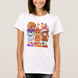 Happy Hallothanksmas Cats T-shirt Cute Holiday Tee