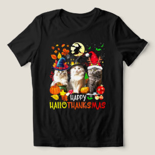 Happy HalloThanksMas Cats Tri-Blend Shirt