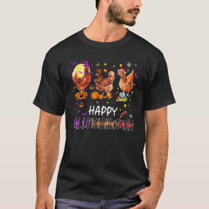 Happy Hallothanksmas Chicken Witch Santa Hat Pumpk T-Shirt