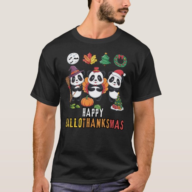 Happy Hallothanksmas Christmas Halloween, Panda Th T-Shirt (Front)