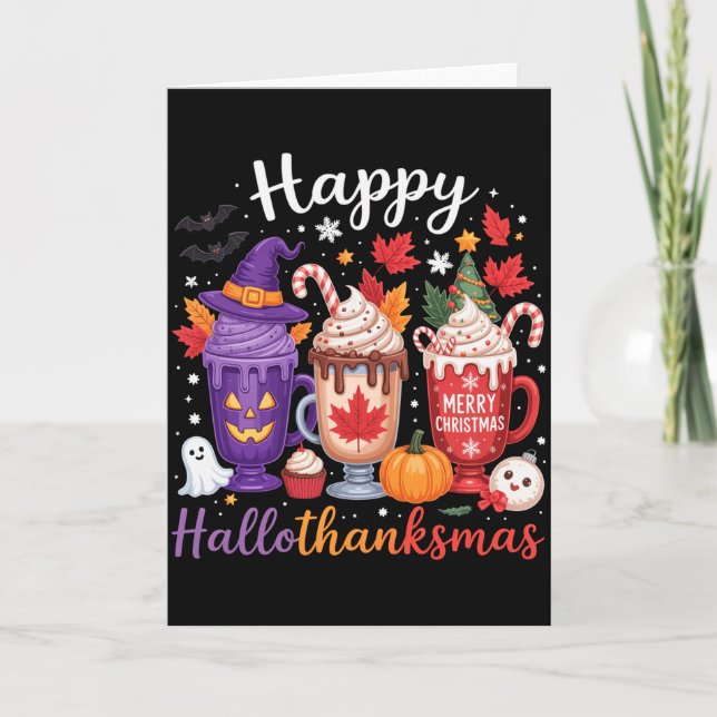 Happy Hallothanksmas Coffee Lover Halloween Merry  Card (Front)