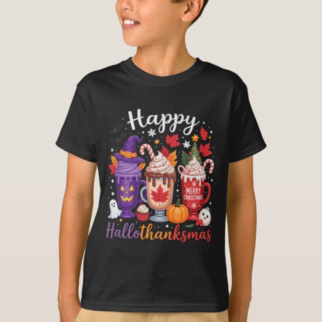 Happy Hallothanksmas Coffee Lover Halloween Merry  T-Shirt (Front)
