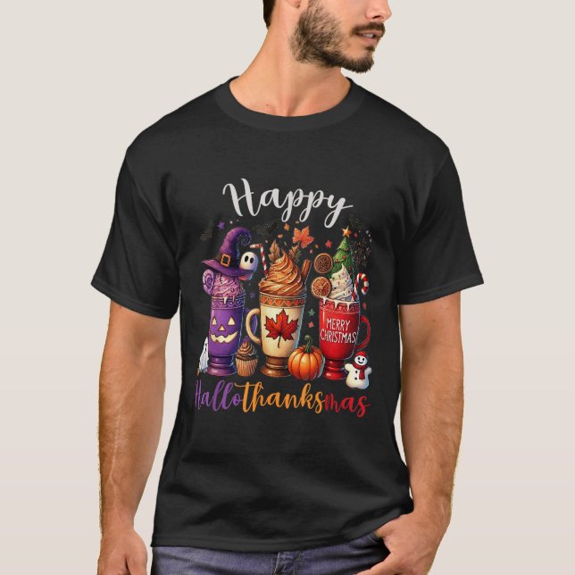 Happy Hallothanksmas Coffee Lover Halloween Merry  T-Shirt (Front)
