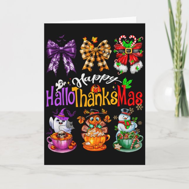 Happy Hallothanksmas Coquette Bow Coffee Latte Can Card (Front)