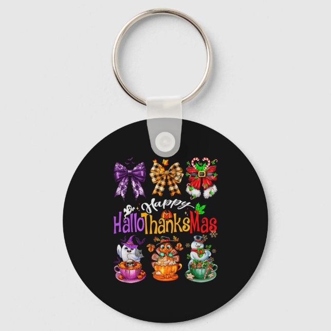 Happy Hallothanksmas Coquette Bow Coffee Latte Can Key Ring (Front)