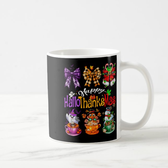 Happy Hallothanksmas Coquette Bow Coffee Latte Can Mug (Right)