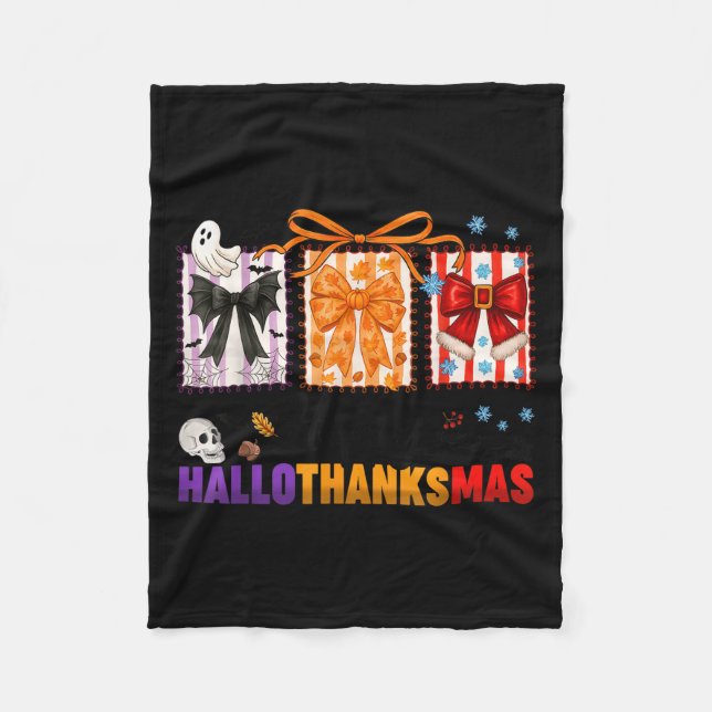 Happy Hallothanksmas Coquette Bows Halloween Thank Fleece Blanket (Front)