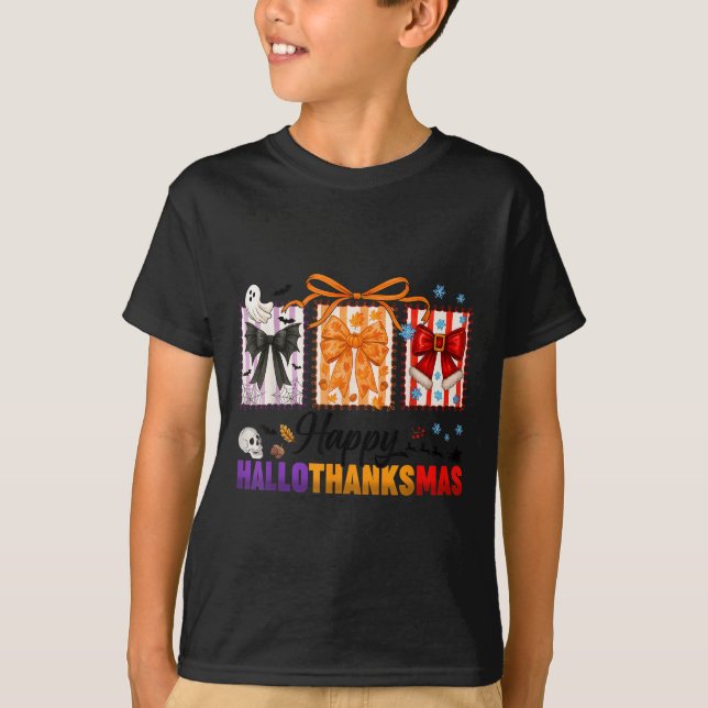 Happy Hallothanksmas Coquette Bows Halloween Thank T-Shirt (Front)
