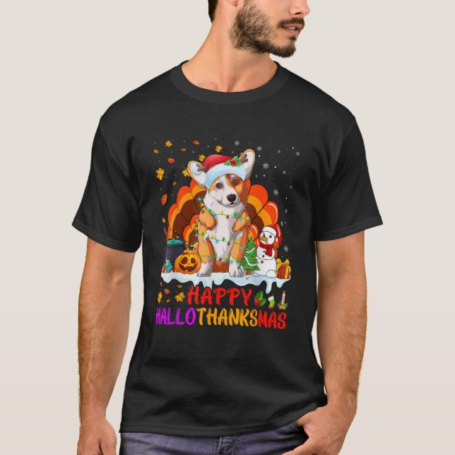 Happy Hallothanksmas Corgi Dog Halloween Thanksgiv T-Shirt (Front)