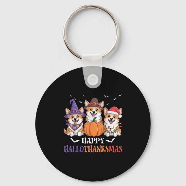 Happy Hallothanksmas Corgi Dogs Halloween Christma Key Ring (Front)