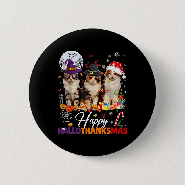 Happy Hallothanksmas Cute Cats Halloween Thanksgiv 6 Cm Round Badge (Front)