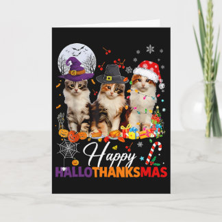 Happy Hallothanksmas Cute Cats Halloween Thanksgiv Card