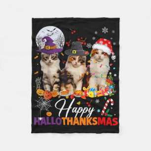 Happy Hallothanksmas Cute Cats Halloween Thanksgiv Fleece Blanket