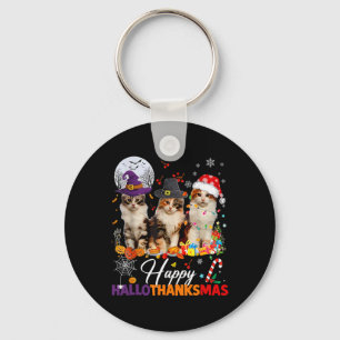 Happy Hallothanksmas Cute Cats Halloween Thanksgiv Key Ring