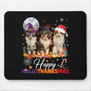Happy Hallothanksmas Cute Cats Halloween Thanksgiv Mouse Mat
