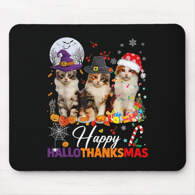 Happy Hallothanksmas Cute Cats Halloween Thanksgiv Mouse Mat (Front)