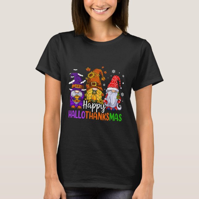 Happy Hallothanksmas Cute Gnomes Fall Halloween Wo T-Shirt (Front)