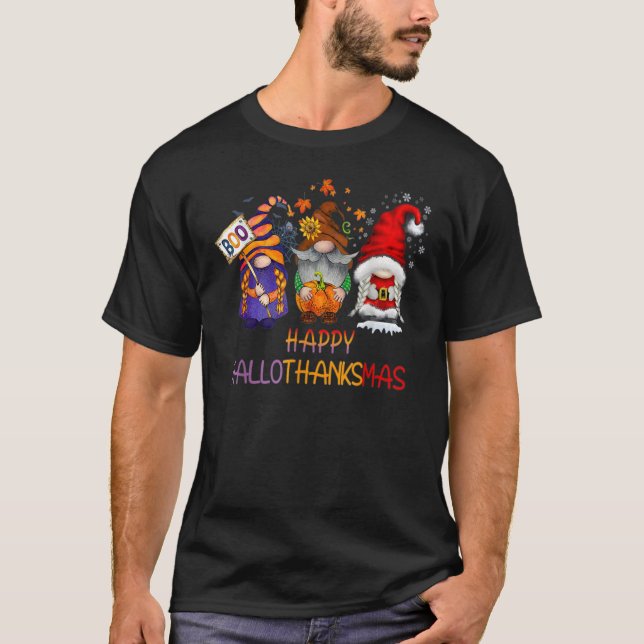 Happy Hallothanksmas Cute Gnomes Fall Halloween Wo T-Shirt (Front)