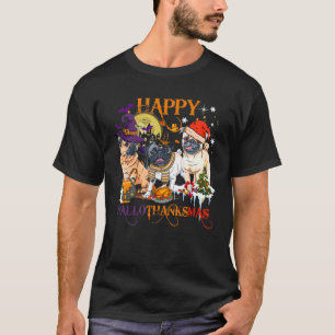Happy Hallothanksmas Cute Pug Halloween Thanksgivi T-Shirt
