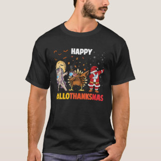 Happy Hallothanksmas Dabbing Unicorn Turkey Santa T-Shirt