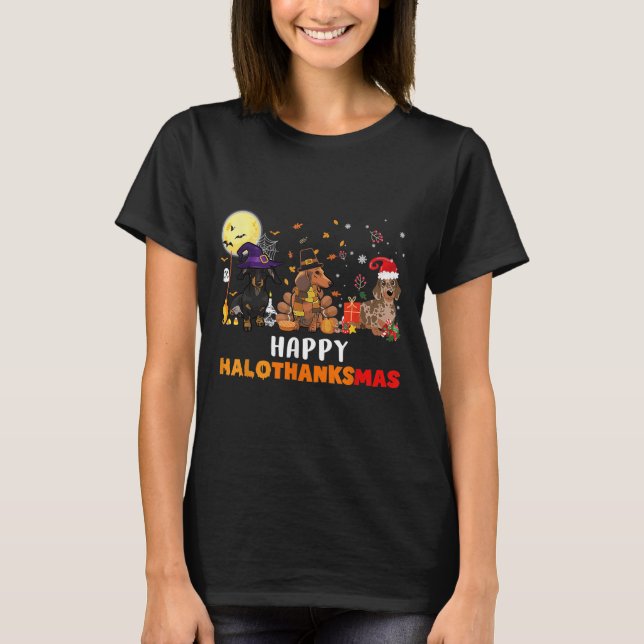 Happy Hallothanksmas Dachshund Dog Lover Halloween T-Shirt (Front)