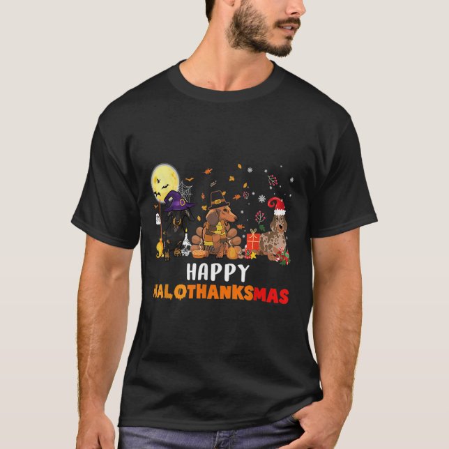Happy Hallothanksmas Dachshund Dog Lover Halloween T-Shirt (Front)