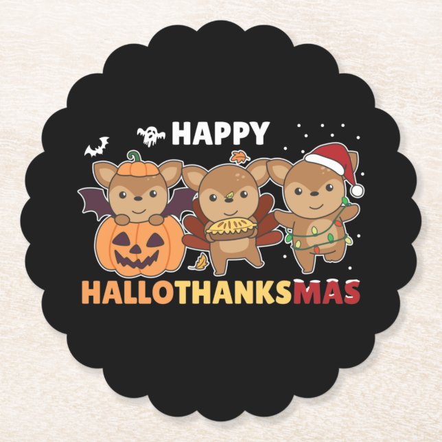Happy Hallothanksmas Deers Christmas Deer Paper Coaster (Front)