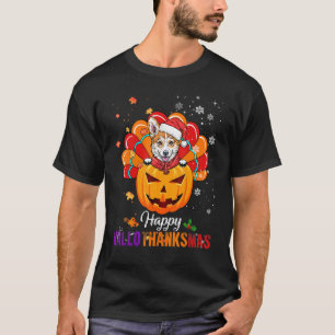 Happy HalloThanksMas Fall Pumpkin Corgi Santa Turk T-Shirt