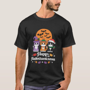 Happy Hallothanksmas Festive Cat Trio Cute Cat Hol T-Shirt