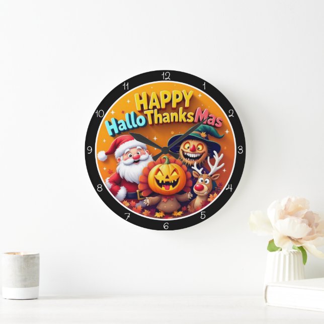 Happy HalloThanksMas Festive Holiday Celebration Large Clock (Home)