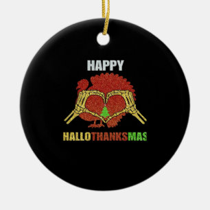 Happy Hallothanksmas Fun Holiday Season Mashup Ceramic Tree Decoration