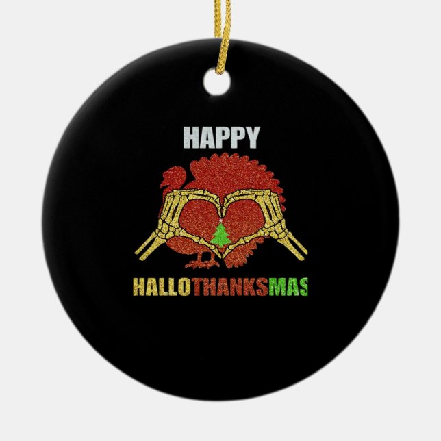 Happy Hallothanksmas Fun Holiday Season Mashup Ceramic Tree Decoration (Front)