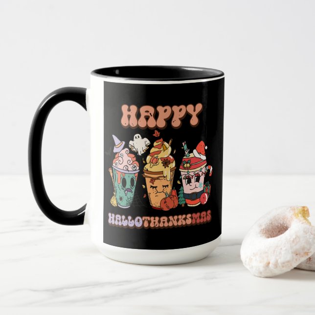 Happy HalloThanksMas Funny Dark Mug (With Donut)