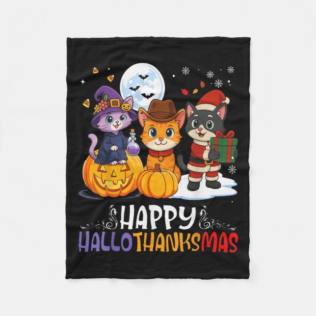 Happy Hallothanksmas Funny Halloween Thanksgiving  Fleece Blanket (Front)