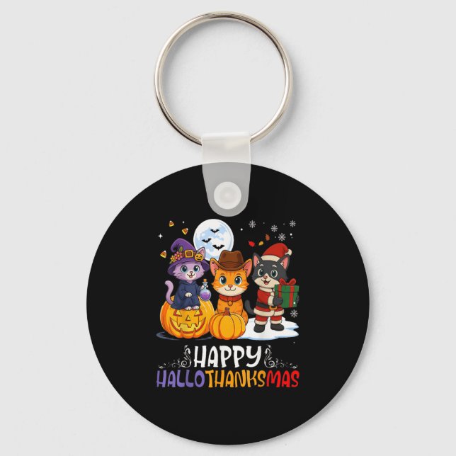 Happy Hallothanksmas Funny Halloween Thanksgiving  Key Ring (Front)