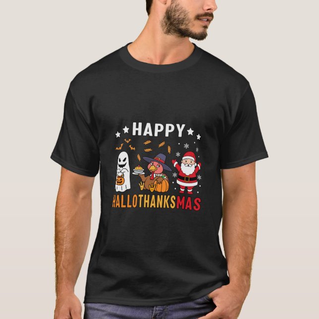 Happy Hallothanksmas Ghost Turkey Pumpkin xmas T-Shirt (Front)