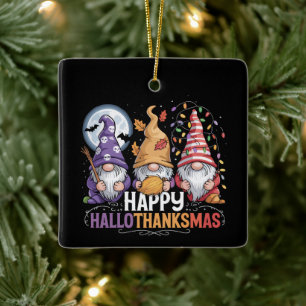 Happy HalloThanksMas Gnomes Halloween Christmas Ceramic Ornament