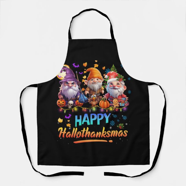 Happy Hallothanksmas Gnomes Halloween Thanksgiving Apron (Front)