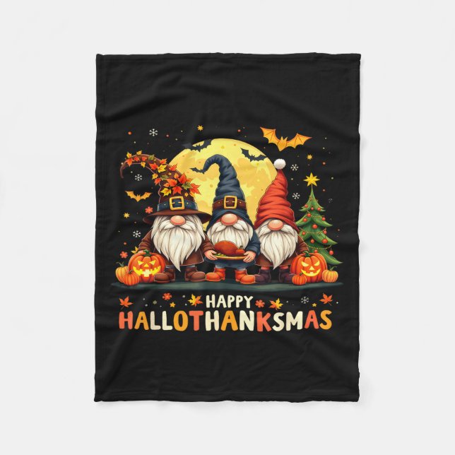Happy Hallothanksmas Gnomes Halloween Thanksgiving Fleece Blanket (Front)