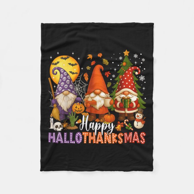 Happy Hallothanksmas Gnomes Halloween Thanksgiving Fleece Blanket (Front)