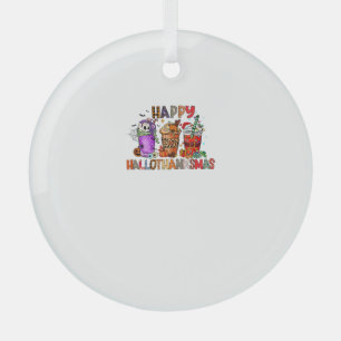 Happy Hallothanksmas Gnomes Halloween Thanksgiving Glass Tree Decoration