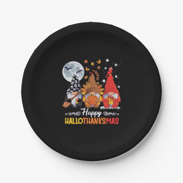 Happy Hallothanksmas Gnomes Halloween Thanksgiving Paper Plate (Front)